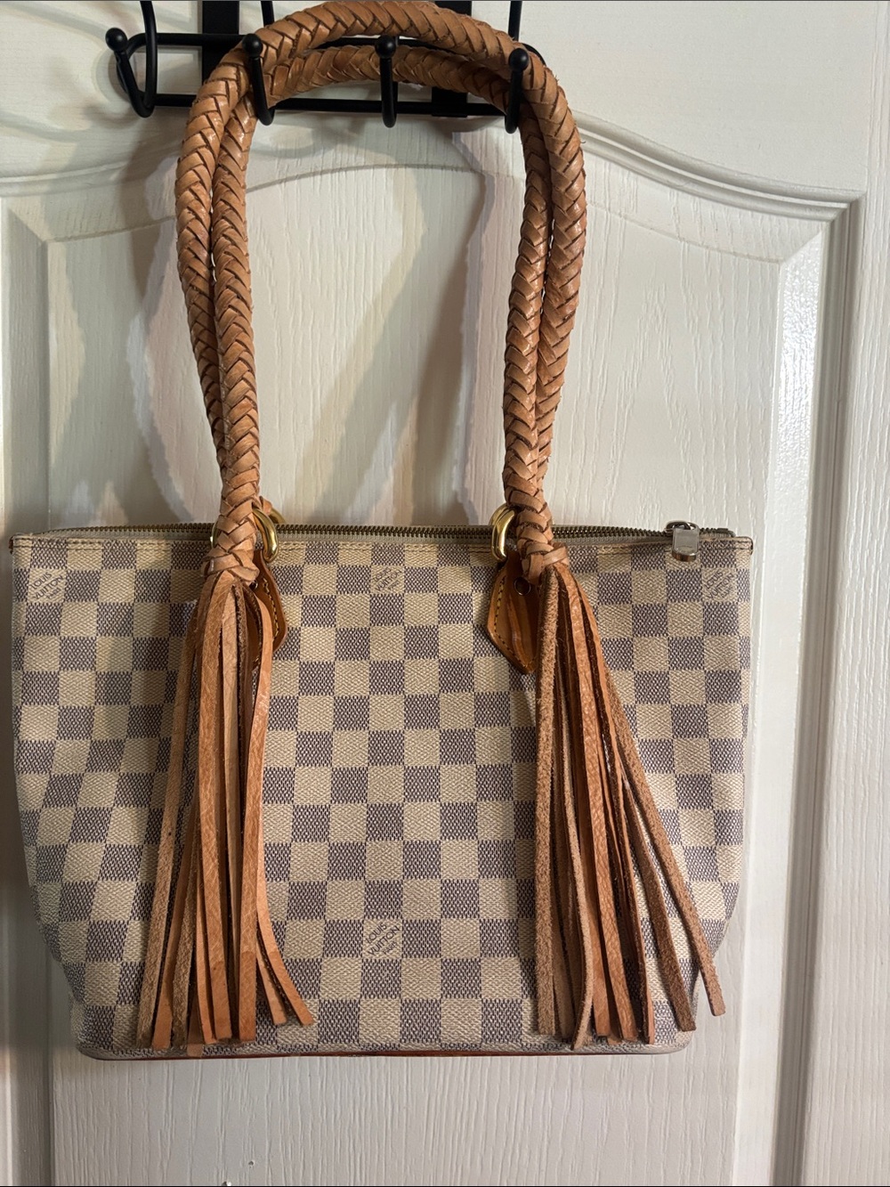 Beige Checkered Tote Bag with Tan Braided Handles